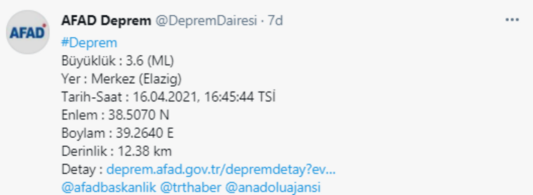 Elazığda 3.6 büyüklüğünde deprem